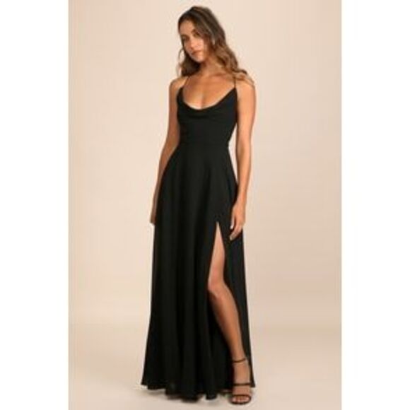 Lulus Women Romantically Speaking Cowl Lace-Up Maxi Dress Black Medium - Picture 1 of 3